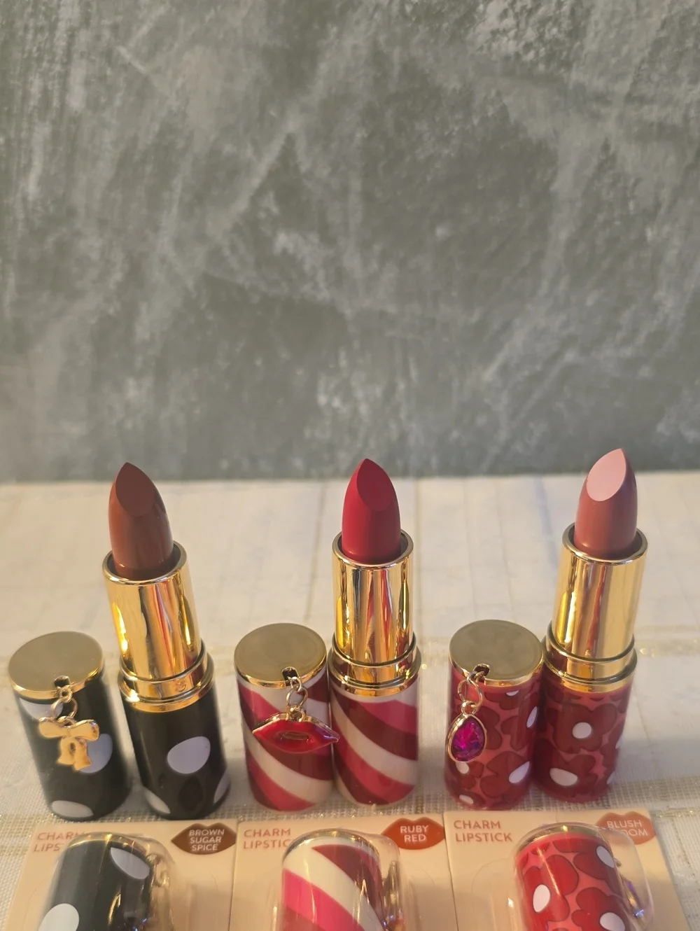 3 Charm Lipstick Trio - Red, Brown, Pink New Sealed